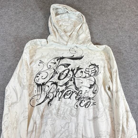 Fox Racing Logo AOP Pullover Hoodie Womens Medium Cream Gray Streetwear Casual - Picture 2 of 7
